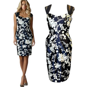Ross Mayer Luxury Silk Embroidered Cocktail Dress, 6, Navy/White Floral